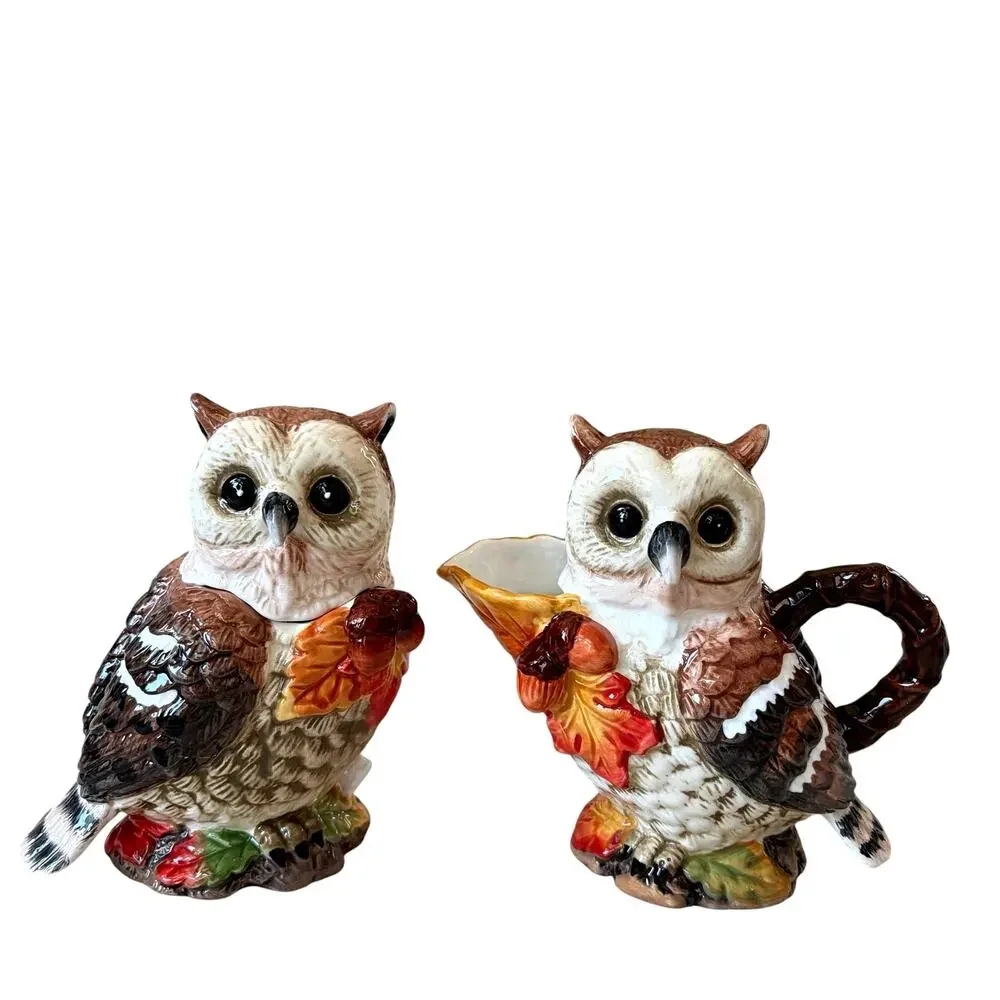 Heritage Harvest Owl Cream & Sugar Set Ceramic Fall Autumn Thanksgiving New